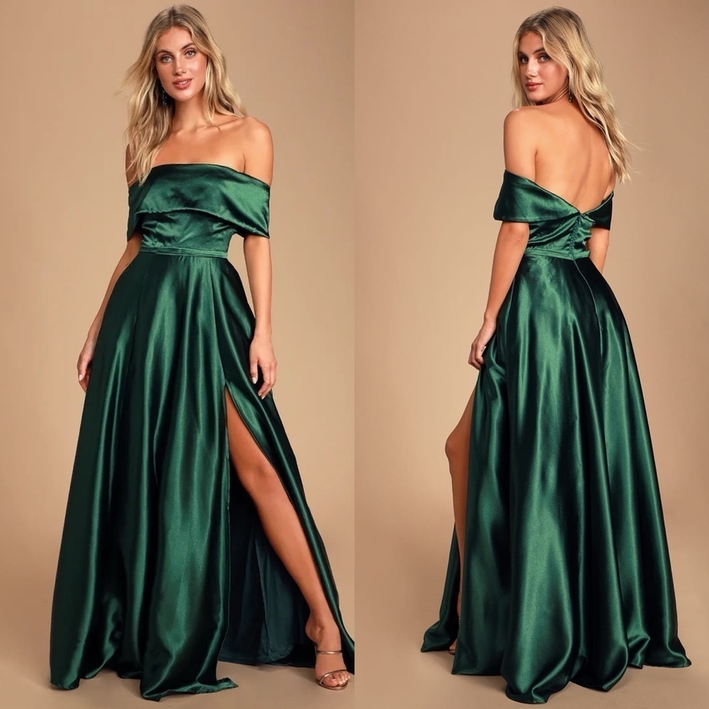NWOT Forest Green Satin Off-the-Shoulder Maxi Dress